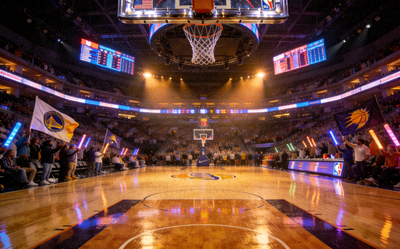 NBA篮球馆内景，明亮的灯光照耀球场，观众席坐满球迷